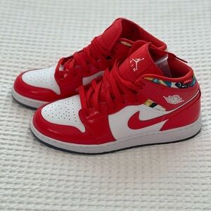 Jordan Red and White Sneakers with Mid-Top Design and Padded Ankle Collar